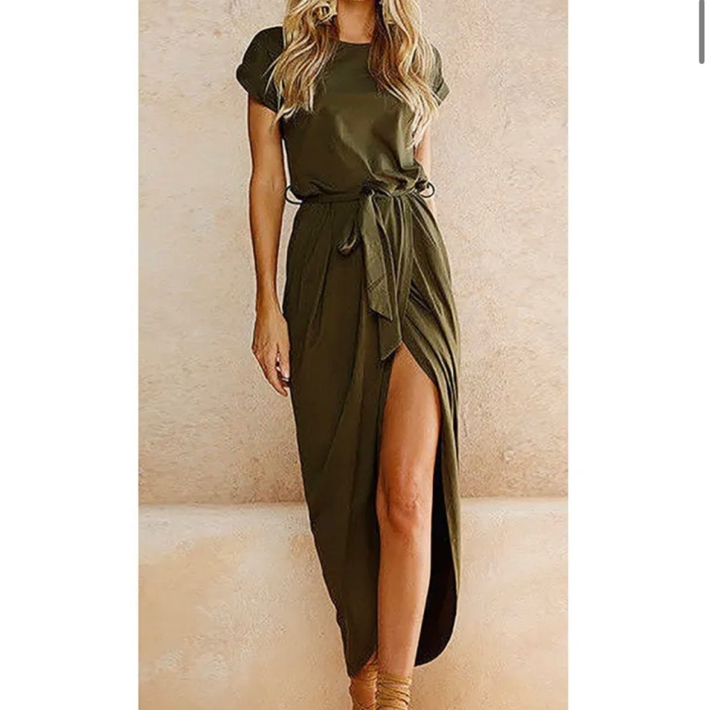 Yidarton maxi dress olive green subtle wrap dress - belt -  size S (Small)